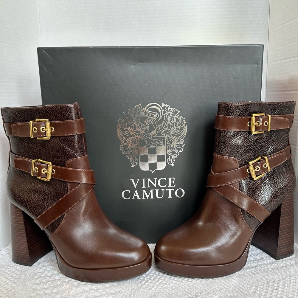 Vince Camuto Coliana Leather Platform Block Heel Brown Booties-9.5-Buckles Indie